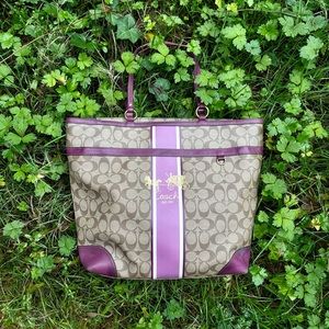 Coach pink striped and gold tote bag